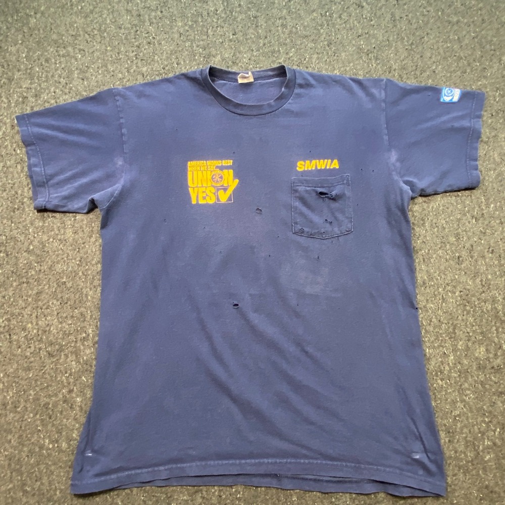 Windjammer SMWIA Union Yes TShirt Sz XL Mens Blue Grunge Distressed Workwear USA